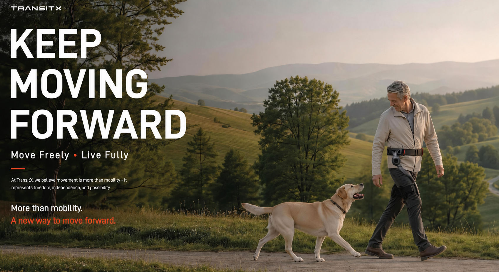 Man walking his dog through rolling countryside wearing a mobility exoskeleton — keep moving forward