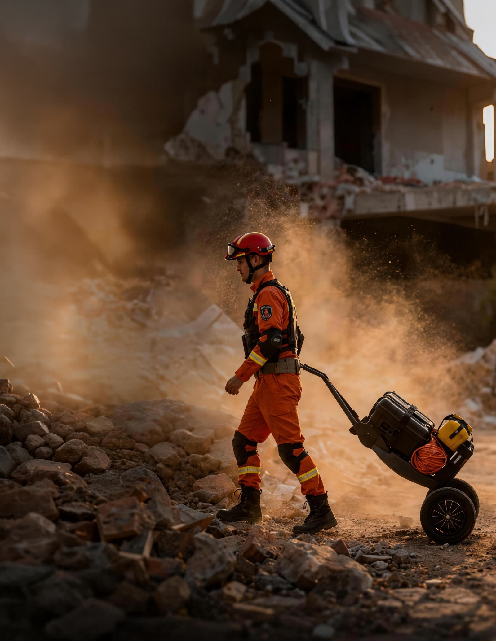 Rescue worker moving equipment over rubble with a powered cargo transport cart