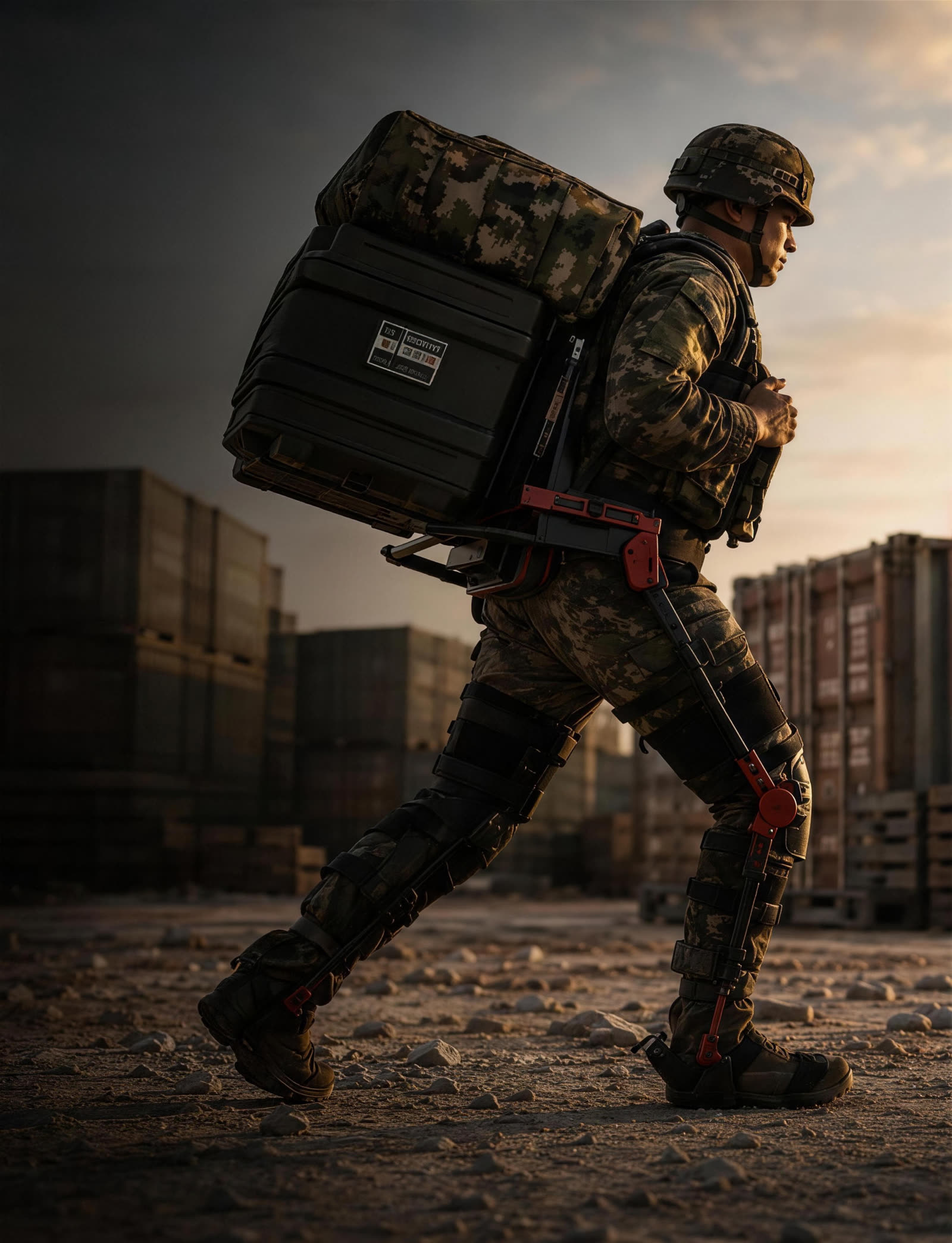 Operator carrying a heavy case over rough ground in a passive load-bearing exoskeleton